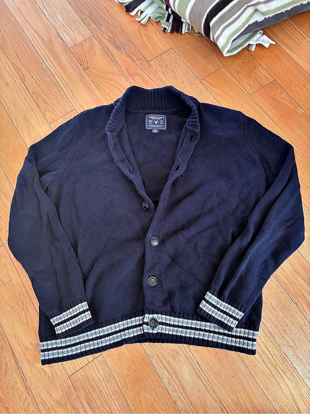 American Eagle Outfitters Striped Knit Cardigan in Black/dark blue Size Large